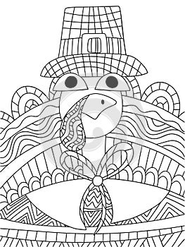 Funny cartoon turkey bird in pilgrim hat vector coloring page for kids